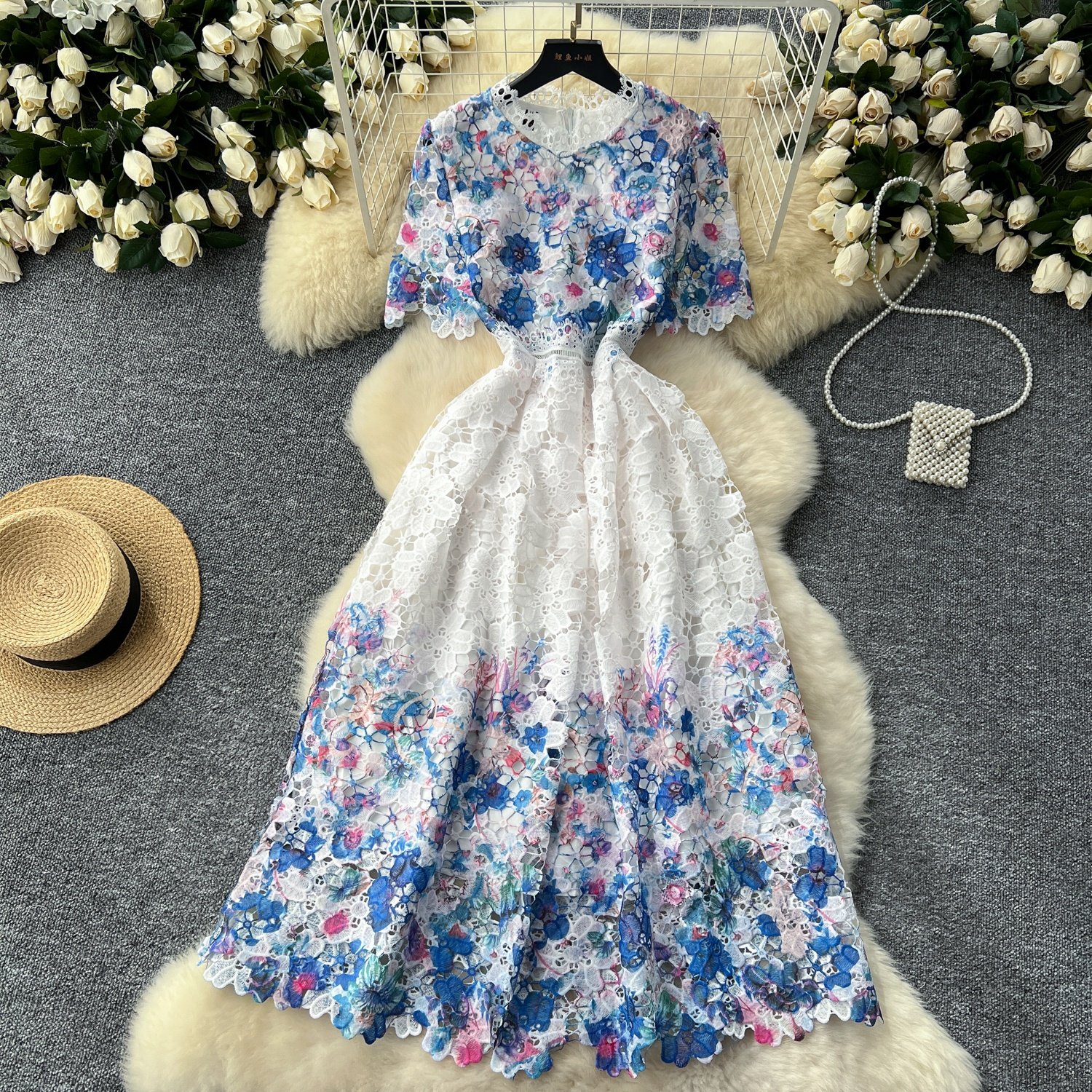 French Hollow Lace Printed Women Round Neck Short Sleeve Long Dresses