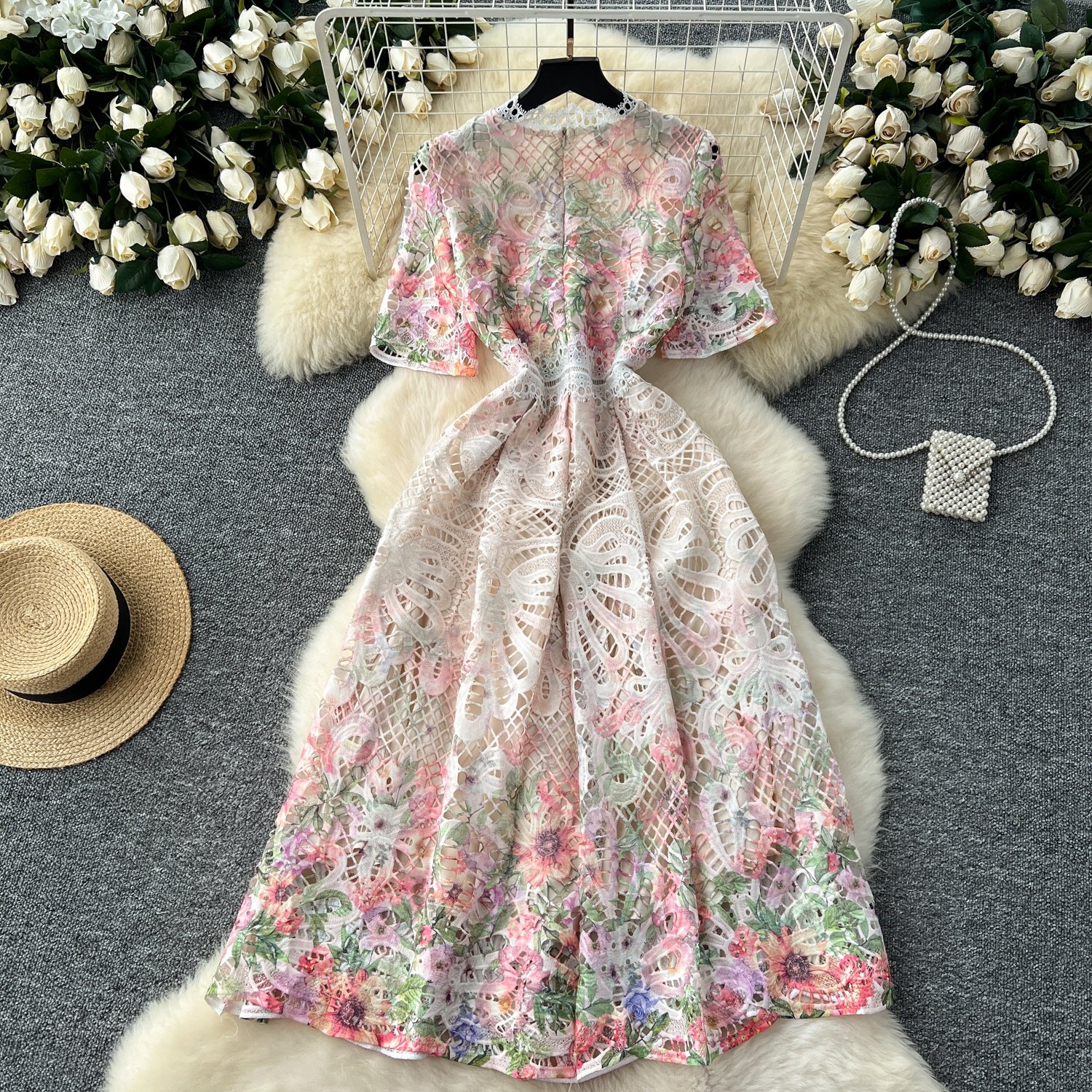 French Hollow Lace Printed Women Round Neck Short Sleeve Long Dresses