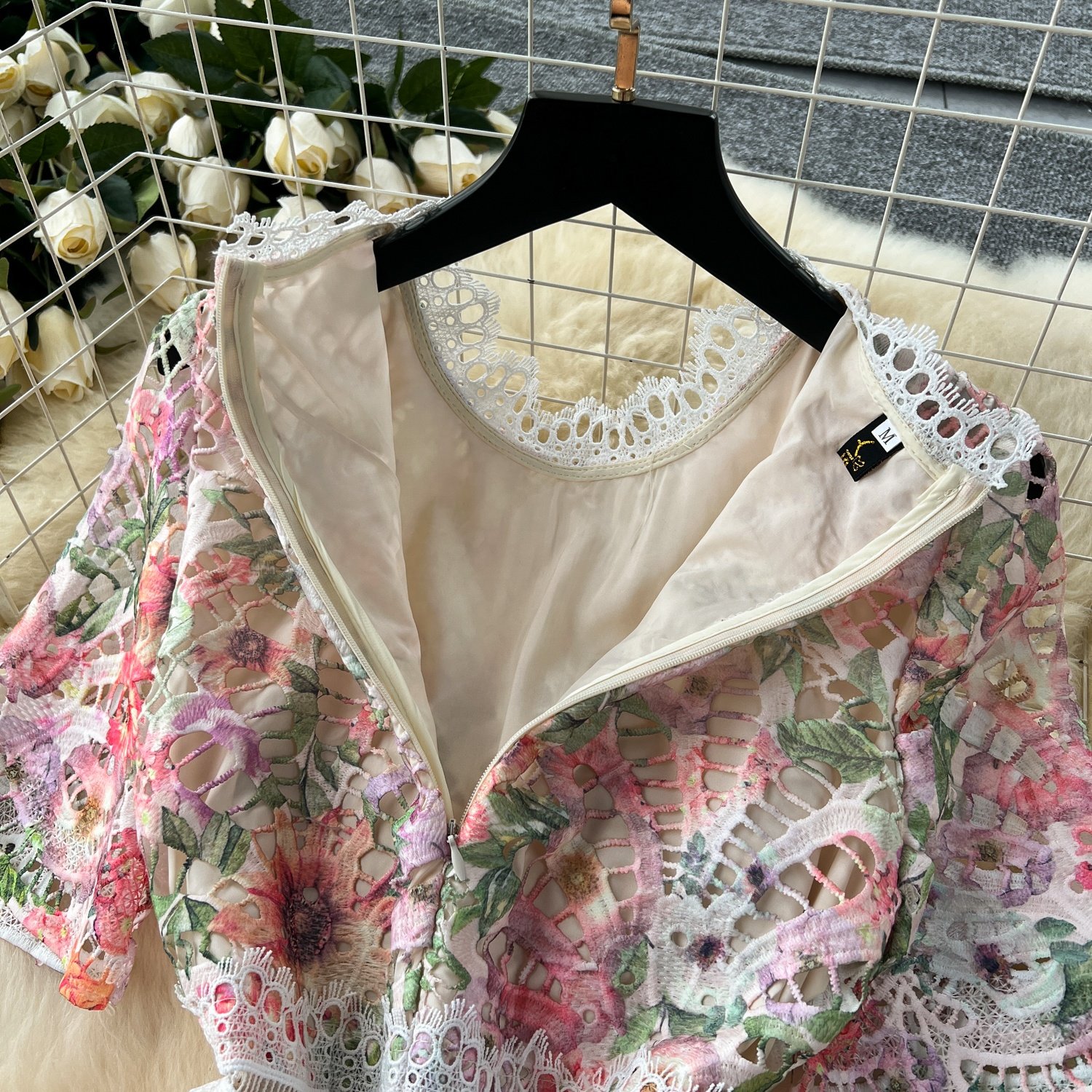 French Hollow Lace Printed Women Round Neck Short Sleeve Long Dresses