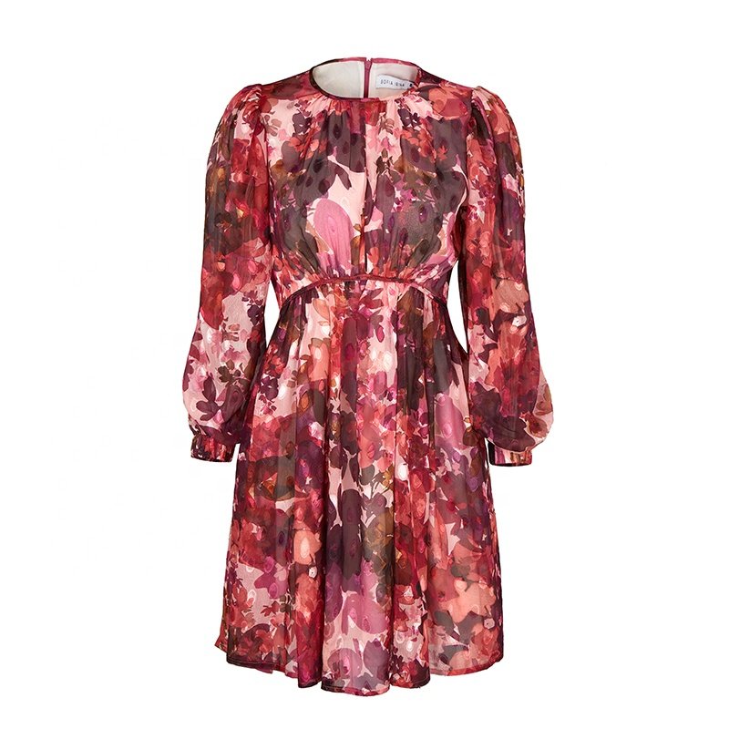 New Arrival Advanced Apparel Dresses Floral Print Ruffle Chiffon Blouson Dress