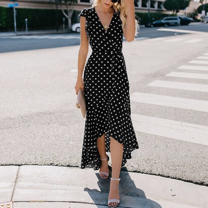Customized v neck printing short sleeve ruffle stylish sexy summer sleeveless women girls' maxi casual dresses