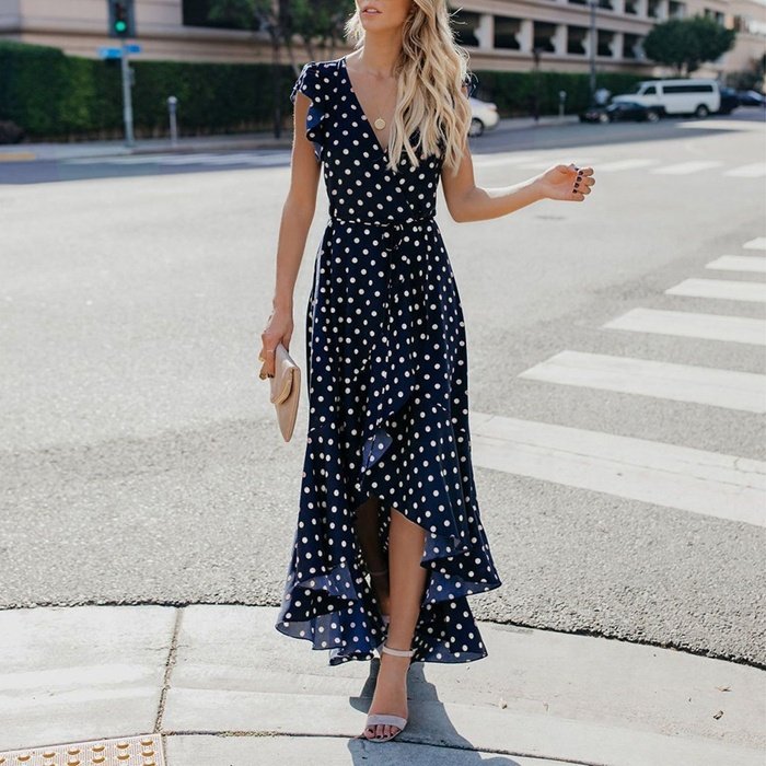 Customized v neck printing short sleeve ruffle stylish sexy summer sleeveless women girls' maxi casual dresses