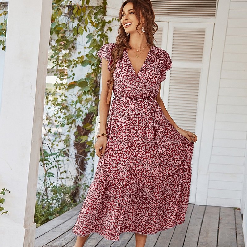 GIMILY Summer Women Belted One Piece Dresses Vintage Short Sleeve Cross V Neck Print Chiffon Dress Casual Boho Floral Maxi Dress