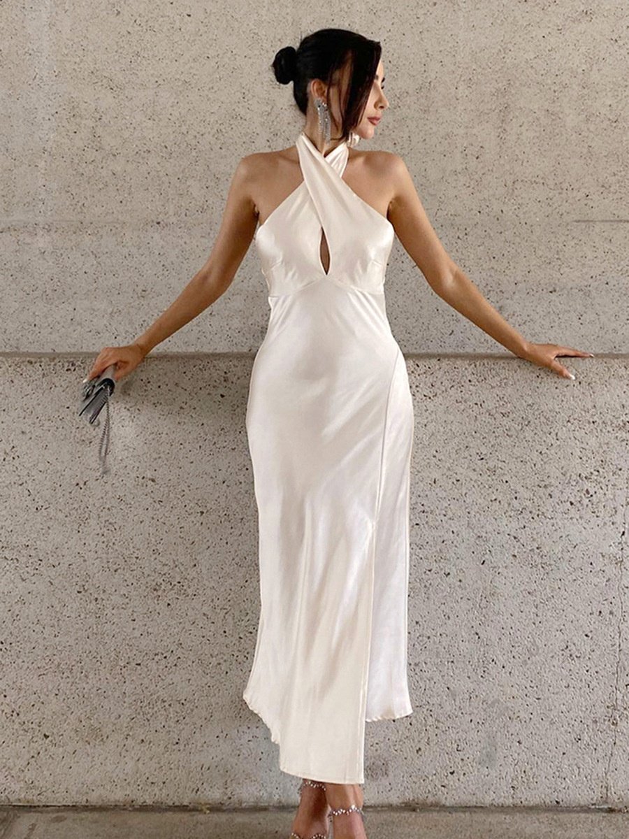 OEM Fashion Casual Dresses Maxi Beige Sexy Halter Neck Slit Elegant Women Modest Acetate Satin Solid Colour Evening Party Dress
