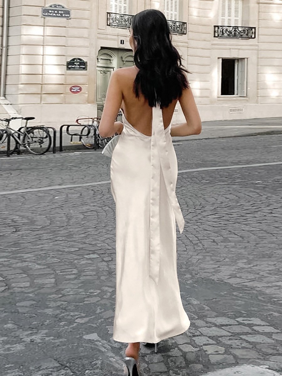 OEM Fashion Casual Dresses Maxi Beige Sexy Halter Neck Slit Elegant Women Modest Acetate Satin Solid Colour Evening Party Dress