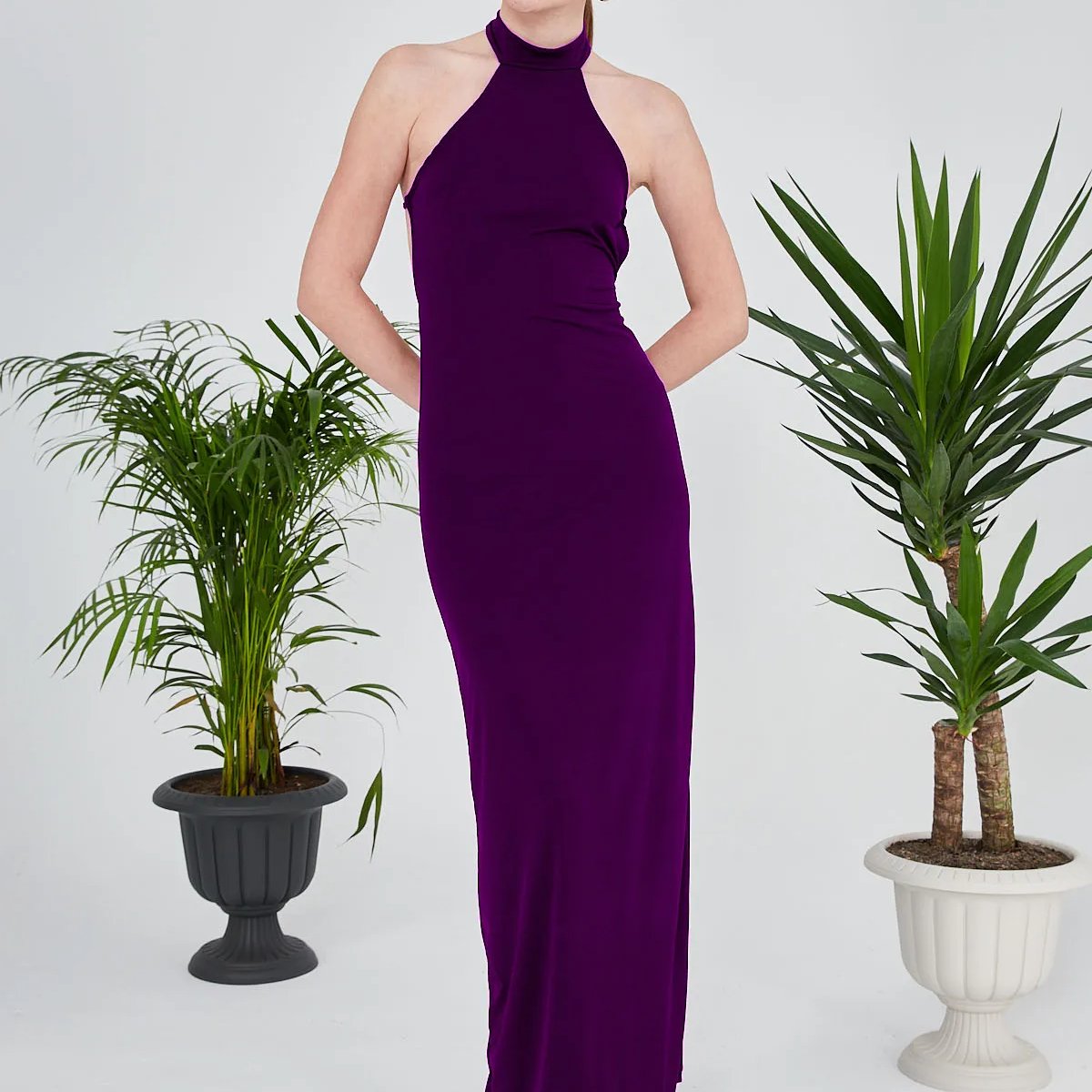 Purple color halter neck maxi length sandy fabric dress backless casual dresses long dress