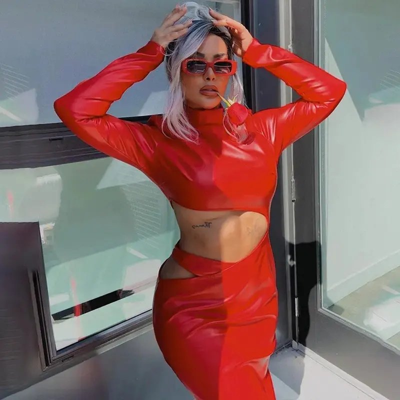 Hollow Out Holes Zipper Back Split Tube Maxi Party Elegant Ladies Evening Dress Pu Leather Long Sleeve Dress