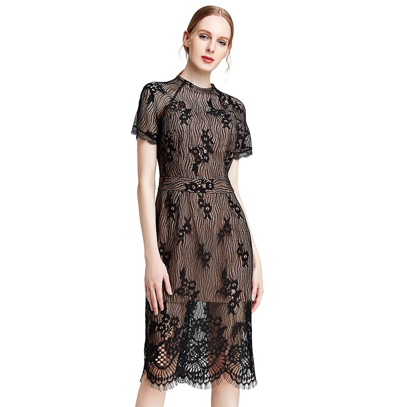 D002 elegant career short sleeve bodycon with pocket black and write lace vintage midi dress for women