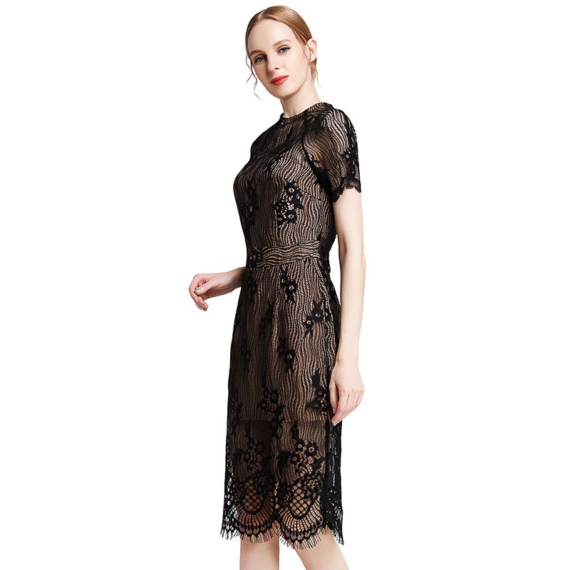 D002 elegant career short sleeve bodycon with pocket black and write lace vintage midi dress for women