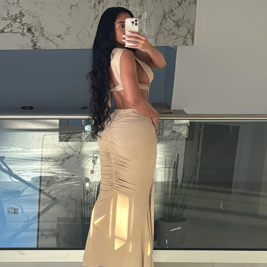 Kliou K24D48213 Skinny Robe Ruched Slim Dress Concise Sexy Cleavage Maxi Dresses Ladies Solid Elegant Women Casual Dresses