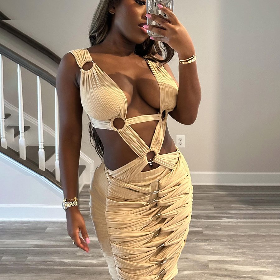 Kliou K24D48213 Skinny Robe Ruched Slim Dress Concise Sexy Cleavage Maxi Dresses Ladies Solid Elegant Women Casual Dresses