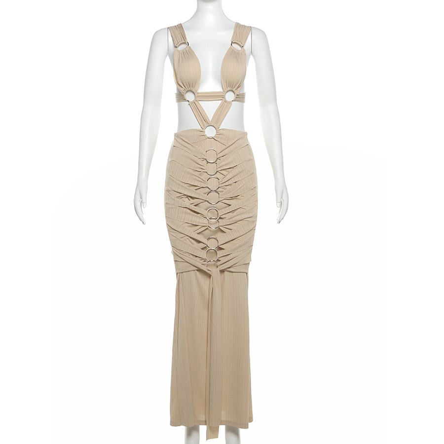 Kliou K24D48213 Skinny Robe Ruched Slim Dress Concise Sexy Cleavage Maxi Dresses Ladies Solid Elegant Women Casual Dresses
