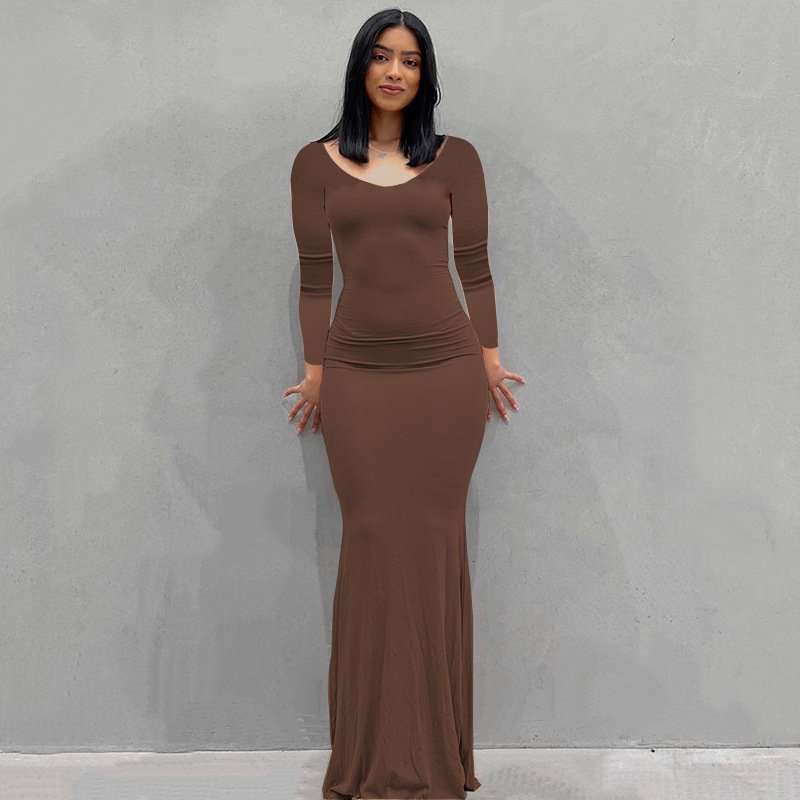 2022 cotton mix jersey knitted draped easy dress wholesale brown floor length bodycon mermaid dress long sleeve maxi dress