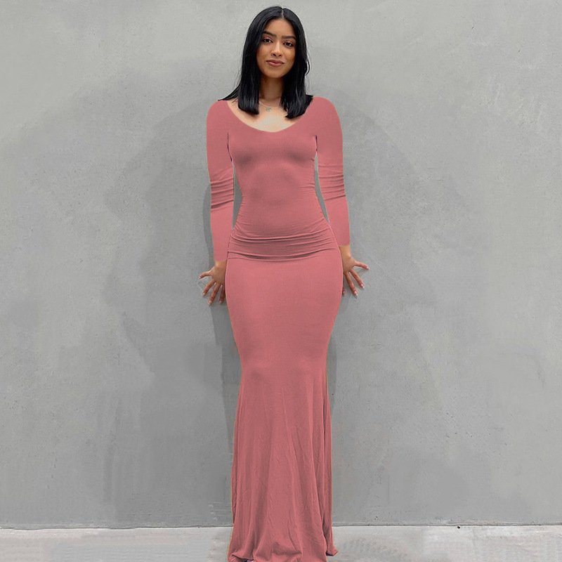 2022 cotton mix jersey knitted draped easy dress wholesale brown floor length bodycon mermaid dress long sleeve maxi dress