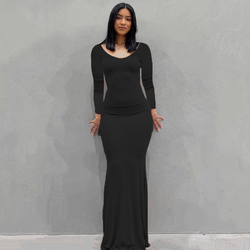 2022 cotton mix jersey knitted draped easy dress wholesale brown floor length bodycon mermaid dress long sleeve maxi dress