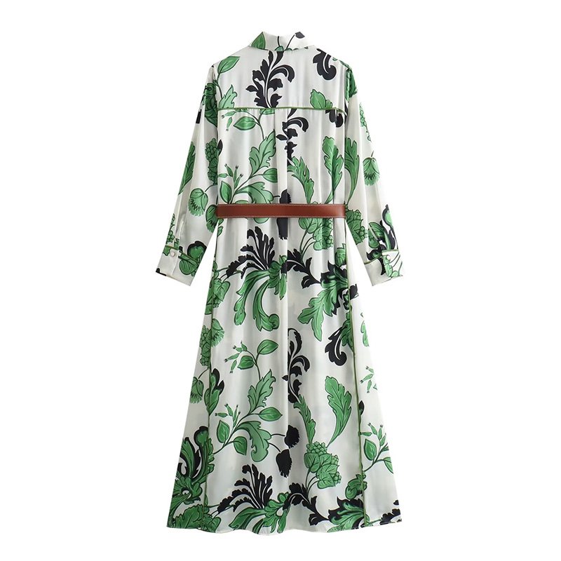 ZATRHMBM Women's 2024 New Fashion Belted Shirt Dress Retro Long Sleeve Button printing translate Dress