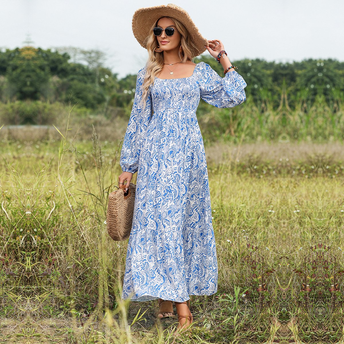 2023 Hot Sale Casual Dress Spring Summer New Arrival Fashion Ladies Printed Bohemian Vacation Ladies Dress