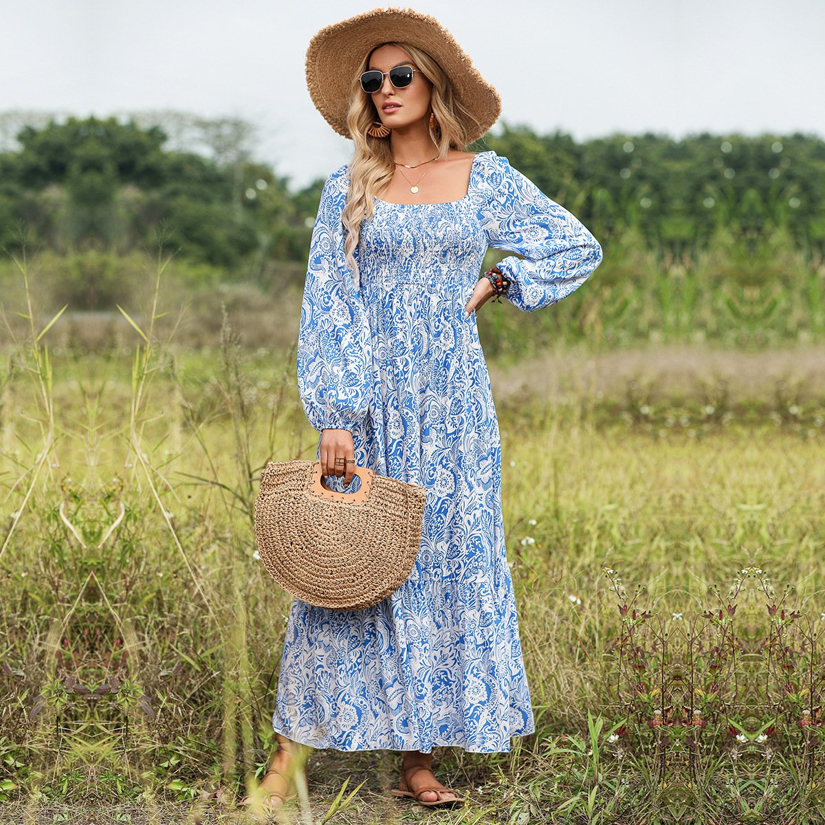 2023 Hot Sale Casual Dress Spring Summer New Arrival Fashion Ladies Printed Bohemian Vacation Ladies Dress