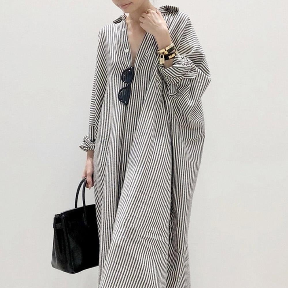 Wholesale 2021 Summer New Style cotton comfort Striped Casual A-line Long-sleeved Loose Single-breasted Straight Fashion Dress