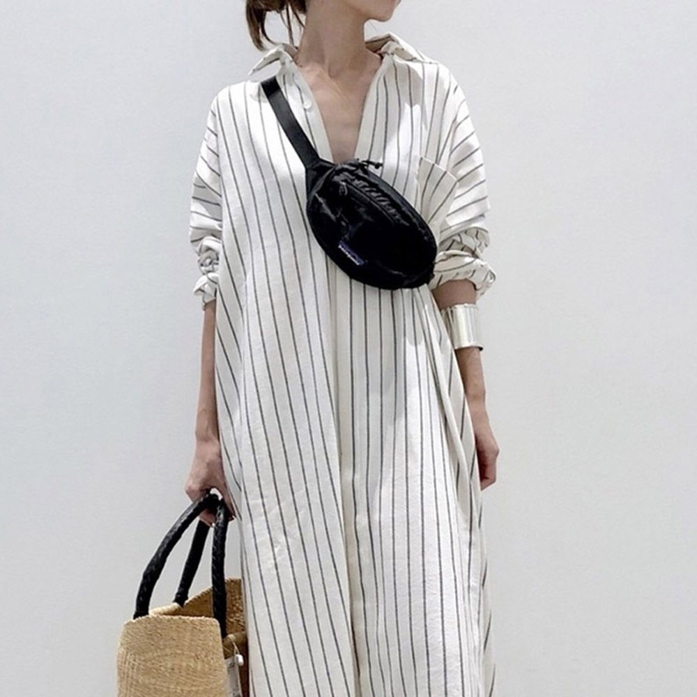 Wholesale 2021 Summer New Style cotton comfort Striped Casual A-line Long-sleeved Loose Single-breasted Straight Fashion Dress