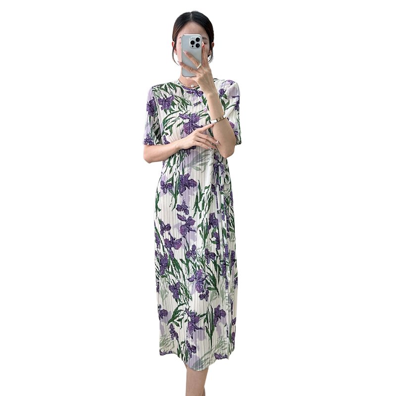 Miyake new print dress women's summer new high-end wrinkle temperament age-reduced lace dress