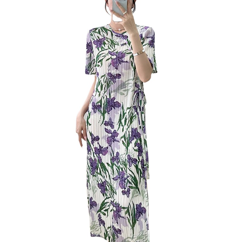 Miyake new print dress women's summer new high-end wrinkle temperament age-reduced lace dress