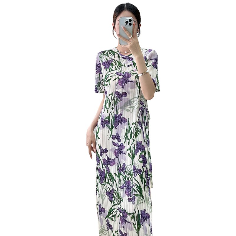 Miyake new print dress women's summer new high-end wrinkle temperament age-reduced lace dress