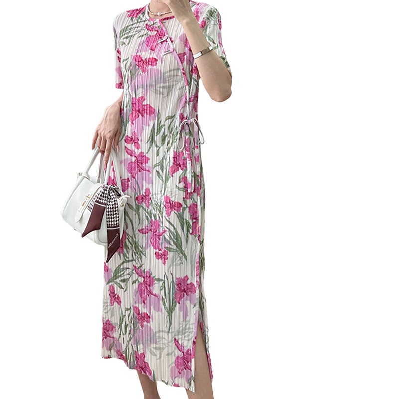 Miyake new print dress women's summer new high-end wrinkle temperament age-reduced lace dress
