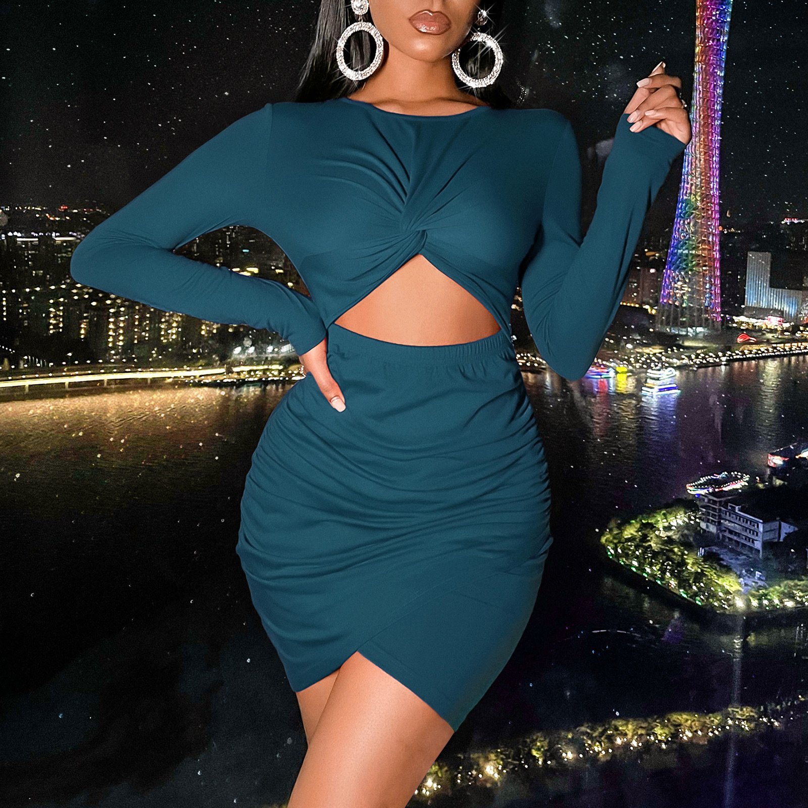 Hot sale Women's sexy bag buttocks exposed umbilical folds nightclub dress casual long-sleeved hollow evening dresses