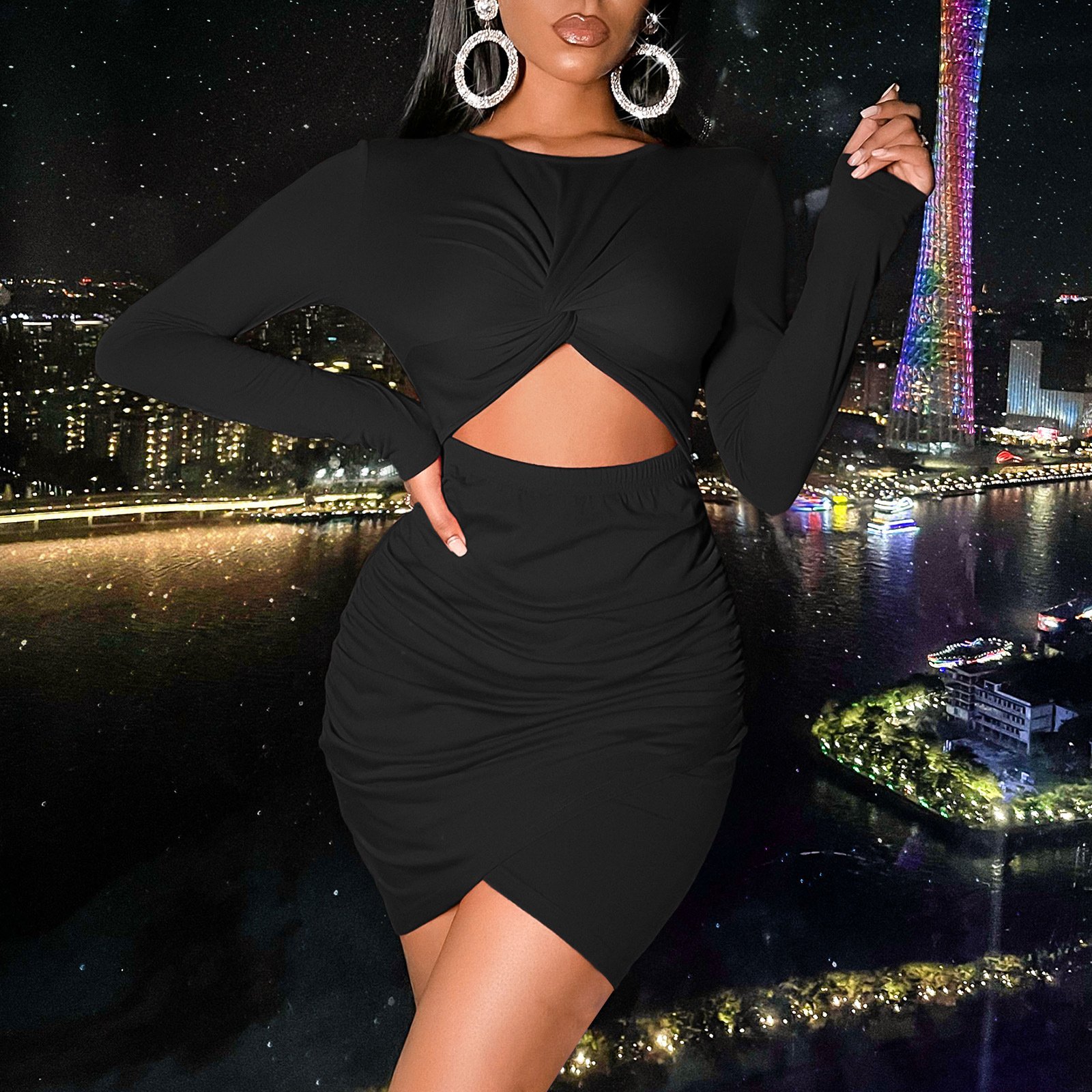 Hot sale Women's sexy bag buttocks exposed umbilical folds nightclub dress casual long-sleeved hollow evening dresses