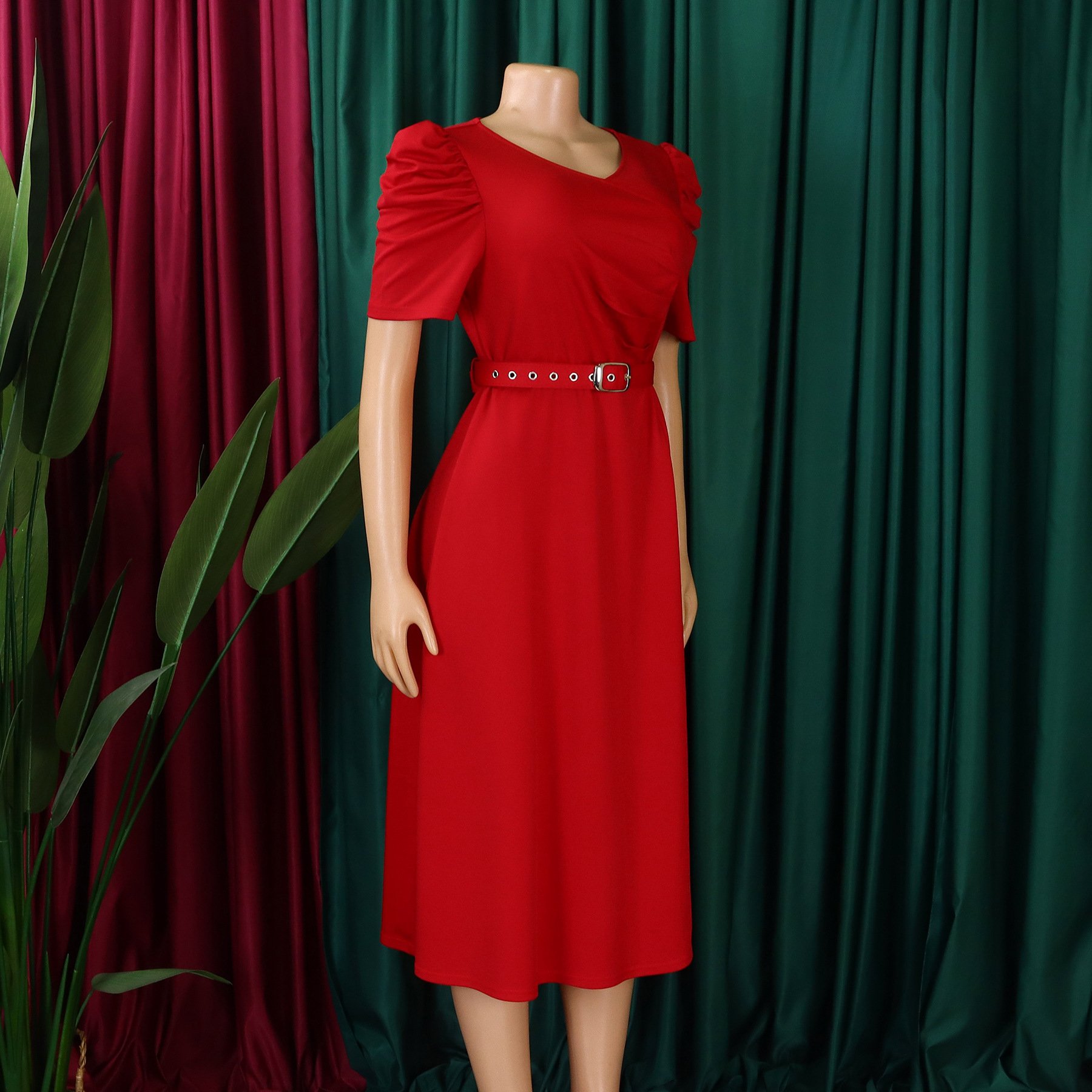 D490 Latest Design Elegant Summer Dress For Women Short Sleeve V-neck Ruched A-line Ladies Office Dresses Women Casual Dresses