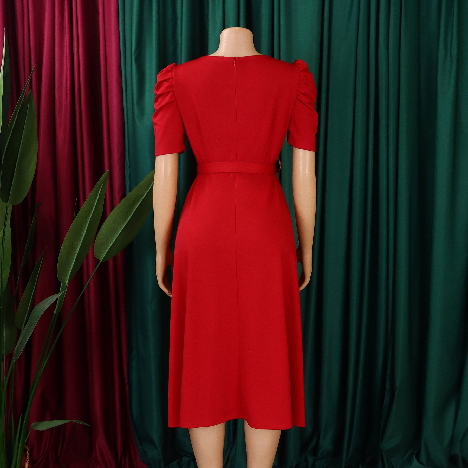 D490 Latest Design Elegant Summer Dress For Women Short Sleeve V-neck Ruched A-line Ladies Office Dresses Women Casual Dresses