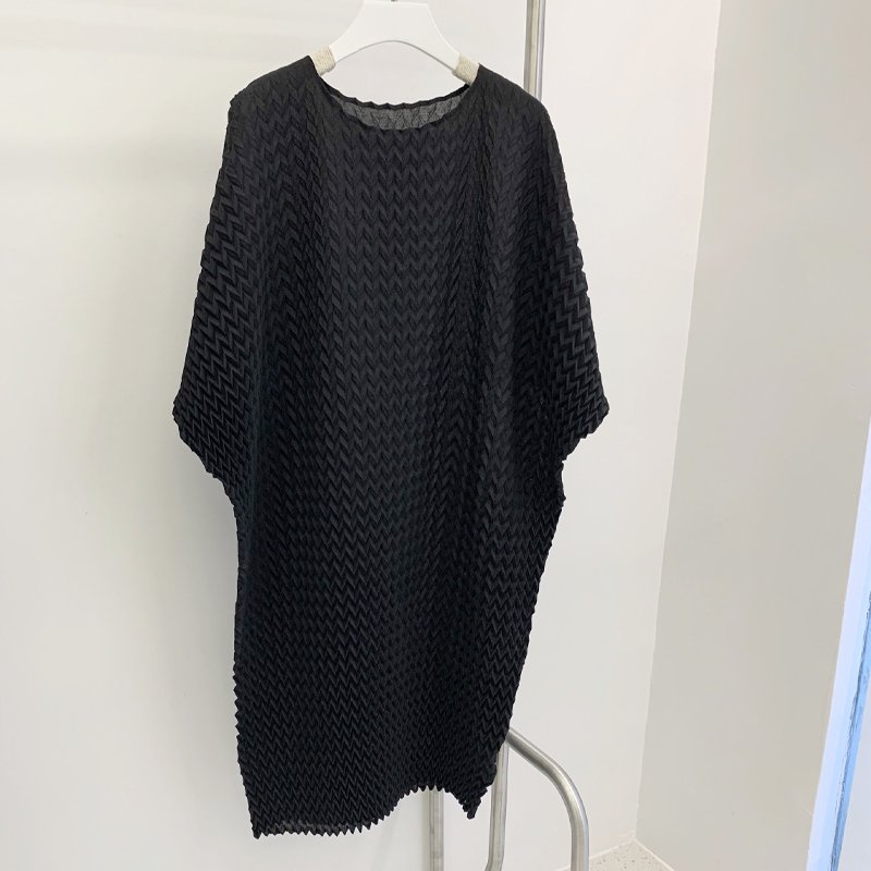 Hot Sales Mid-Length Ladies Dress Linen-Like Texture Three-Dimensional Pleated Neck Half-Sleeved Long Arm Eco-Friendly Woven