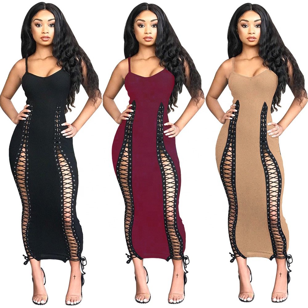 Liu Ming New Arrivals Women Sexy Lace Up Spaghetti Strap Hollow Out Skinny Midi Bodycon Nightclub Party Dress
