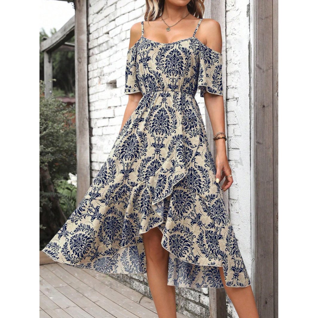 Women's Boho Allover Print Cold Shoulder Ruffle Hem Dress Long Cami Split Floral Print Midi Dress High Waist A Line Wrap Dress