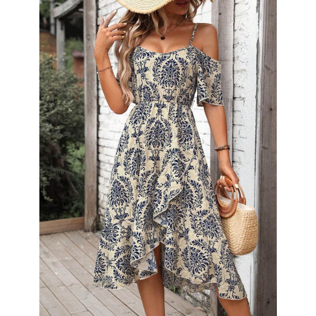 Women's Boho Allover Print Cold Shoulder Ruffle Hem Dress Long Cami Split Floral Print Midi Dress High Waist A Line Wrap Dress