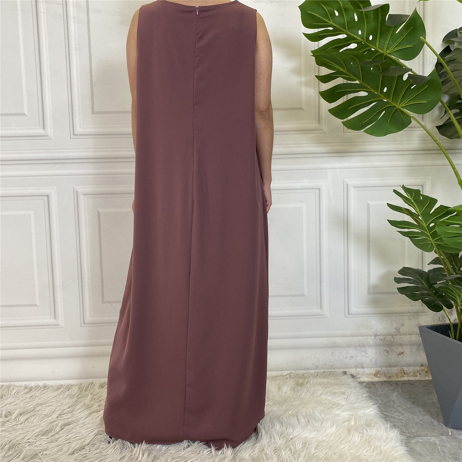 6595# Hot Sale Summer Design Nida Material Solid Color Simplicity Versatile Sleeveless Inner Dress Muslim Islamic Popular Dress