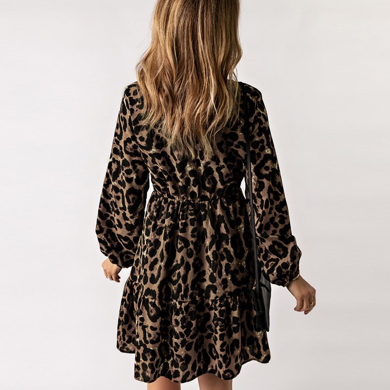 Dear-Lover Fast Shipping Wholesale High Quality Ruffled Elastic Cuff Mini Leopard Print Dress Casual Dresses Women