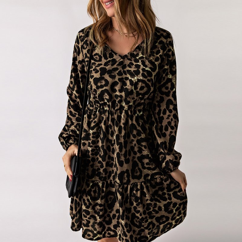 Dear-Lover Fast Shipping Wholesale High Quality Ruffled Elastic Cuff Mini Leopard Print Dress Casual Dresses Women
