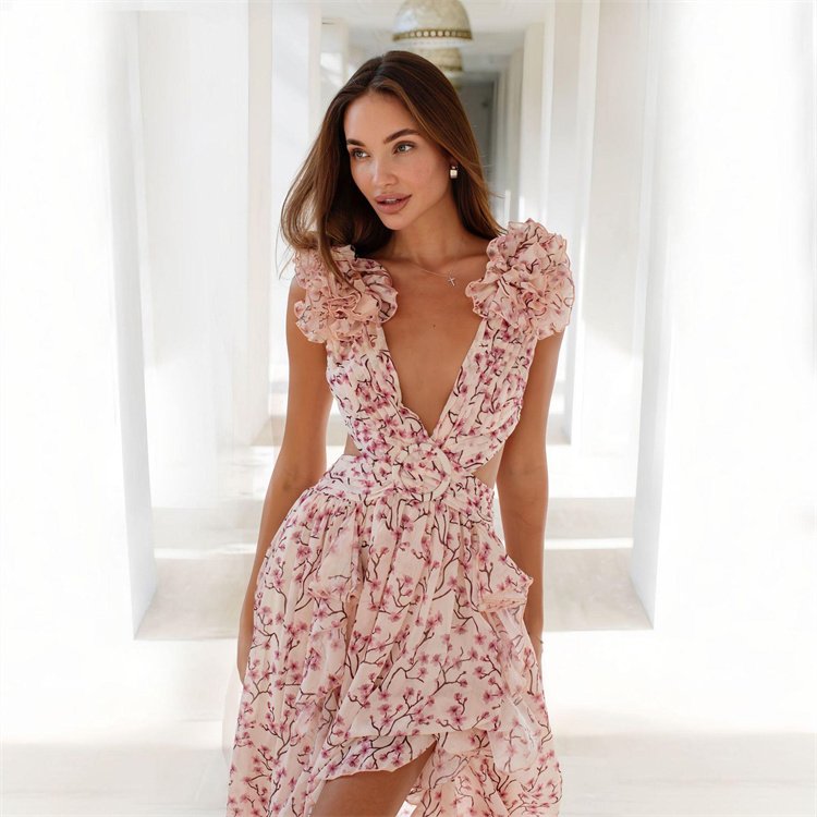 Custom floral printed deep v neck vacation Boho maxi dresses women fashion sleeveless ruffle hollow out split dresses vestidos