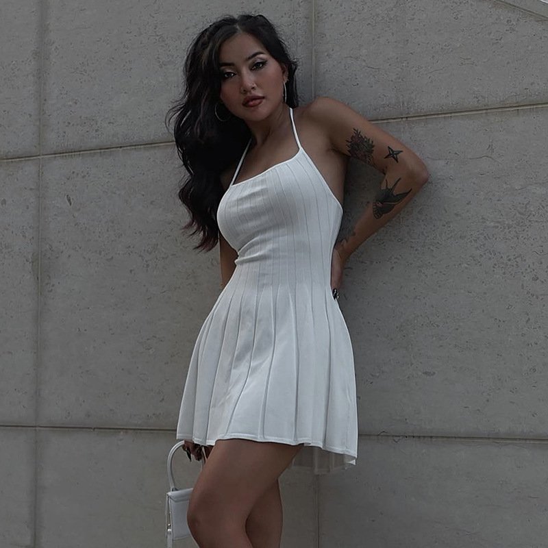 New Model Sexy Hanging Neck Spice Girl Backless Woollen Short Skirt Waist Slimming Party Dress