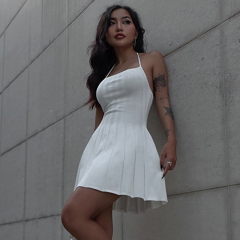 New Model Sexy Hanging Neck Spice Girl Backless Woollen Short Skirt Waist Slimming Party Dress