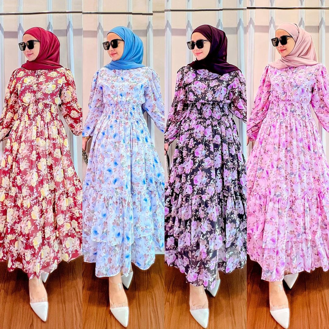 M237# OEM Chiffon Fabric Green Latest Designs Moroccan Print Floral Long Muslim Dress Women Dubai From Islamic Clothing maxi dress ladies muslim