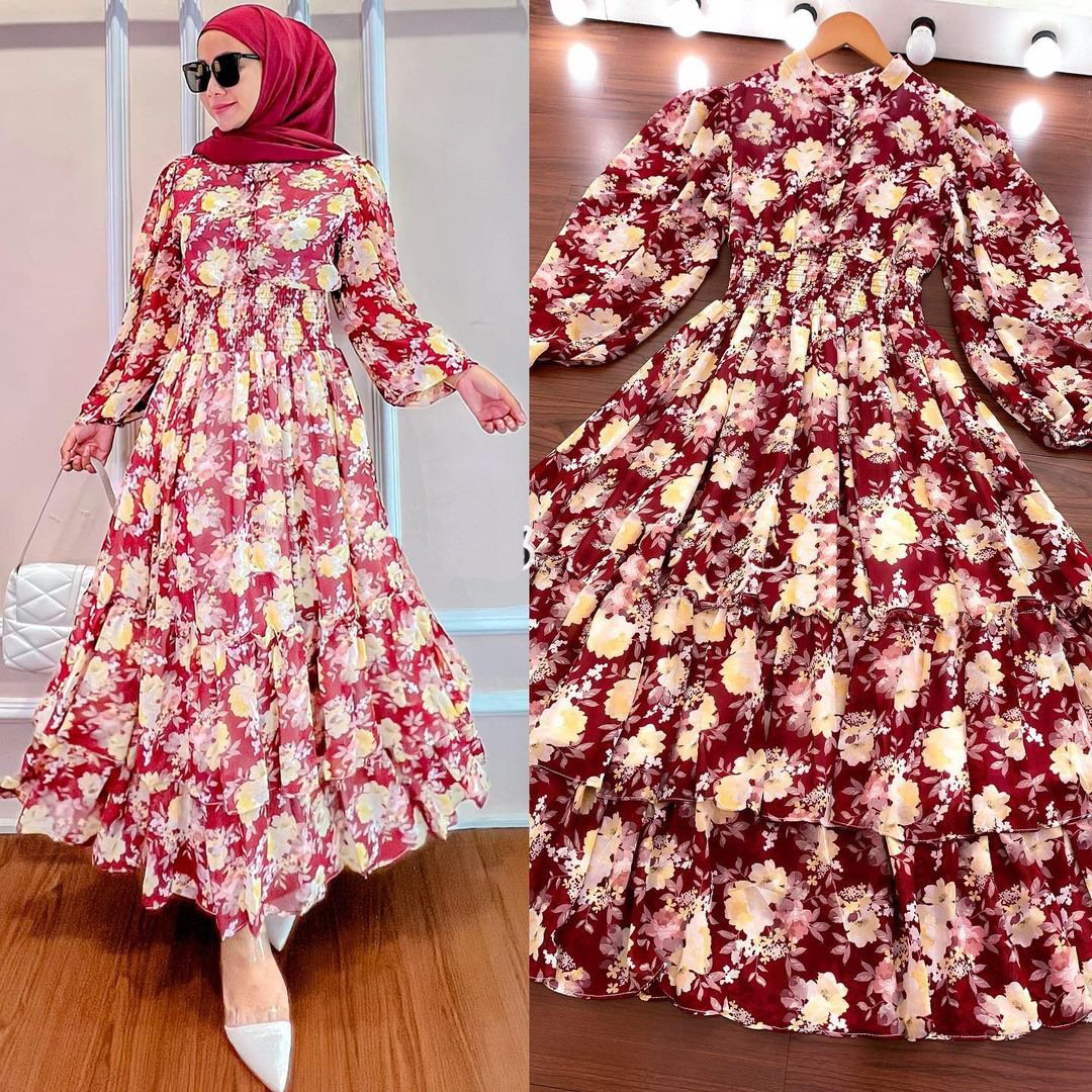 M237# OEM Chiffon Fabric Green Latest Designs Moroccan Print Floral Long Muslim Dress Women Dubai From Islamic Clothing maxi dress ladies muslim