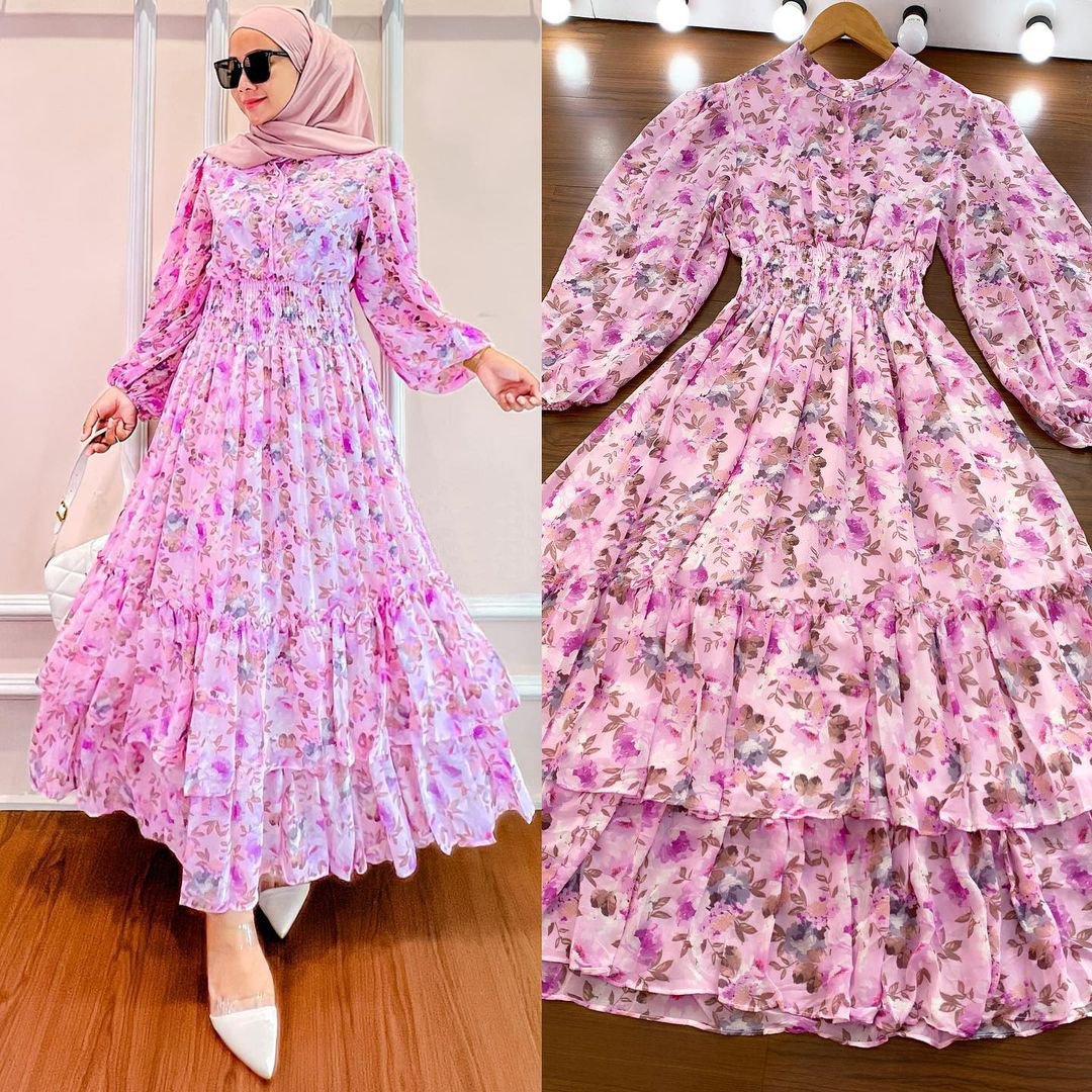 M237# OEM Chiffon Fabric Green Latest Designs Moroccan Print Floral Long Muslim Dress Women Dubai From Islamic Clothing maxi dress ladies muslim