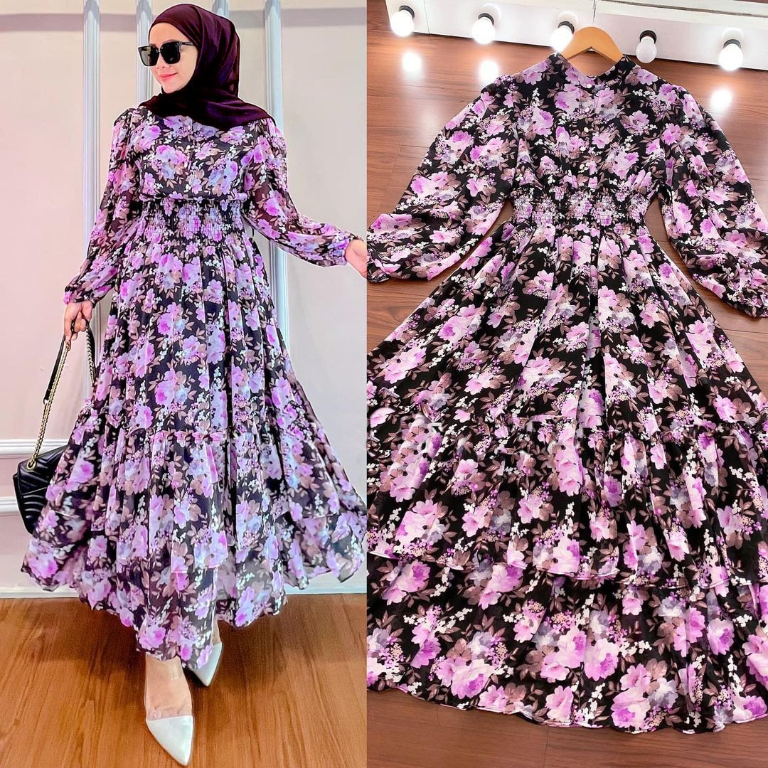 M237# OEM Chiffon Fabric Green Latest Designs Moroccan Print Floral Long Muslim Dress Women Dubai From Islamic Clothing maxi dress ladies muslim