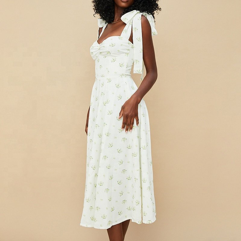 Weixin Women Clothing Professional Custom Ivory Floral Lady Elegant Elegant Casual Cottagecore Midi Sundress