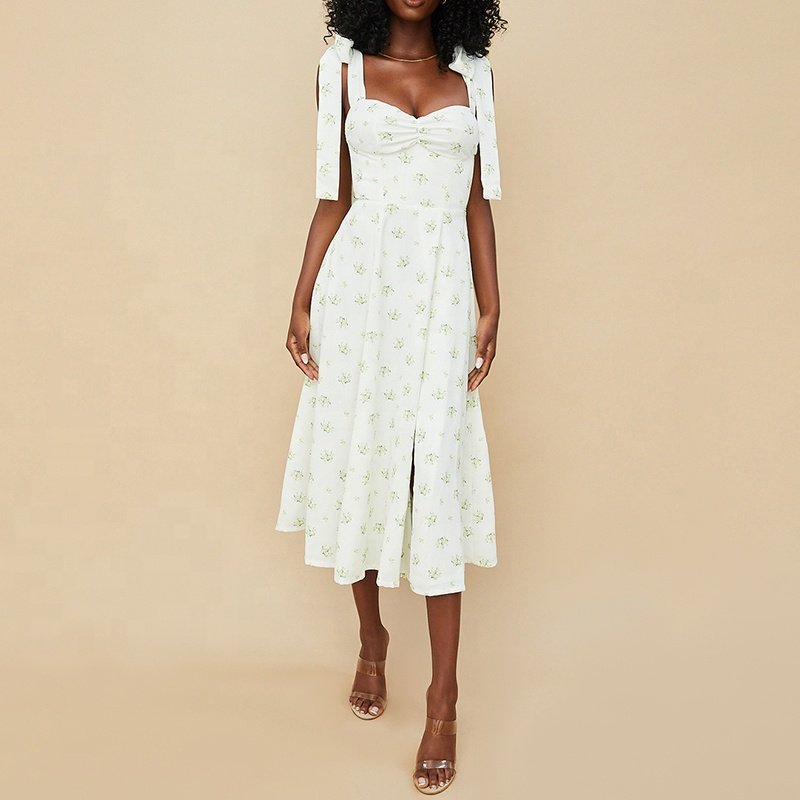 Weixin Women Clothing Professional Custom Ivory Floral Lady Elegant Elegant Casual Cottagecore Midi Sundress