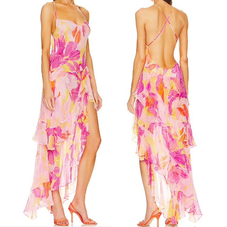 2024 Summer Chiffon Floral Maxi Beach Dress Casual Women Custom Long Elegant Halter Backless Maxi Dress Ladies