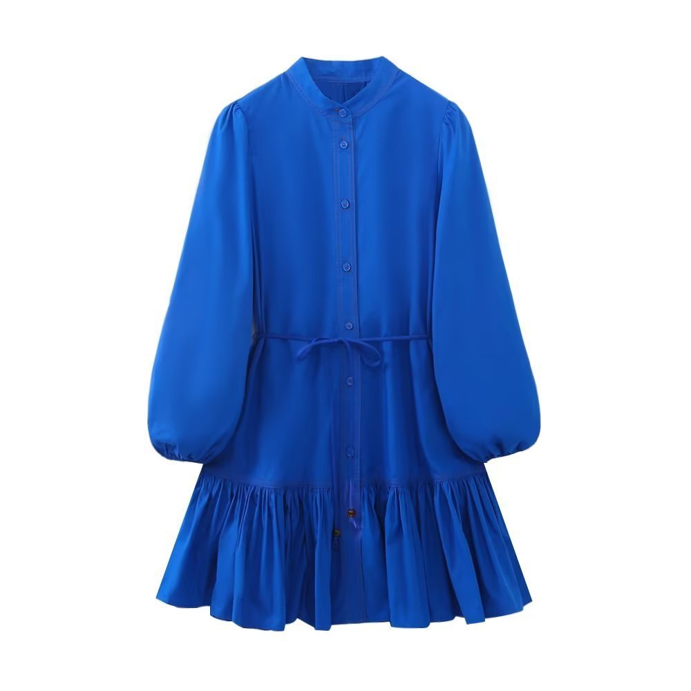 3191 Newest Design Luxury Round Neck Re Breasted Shirt Long Sleeve A-Line Midi Dress Klein Blue Dress